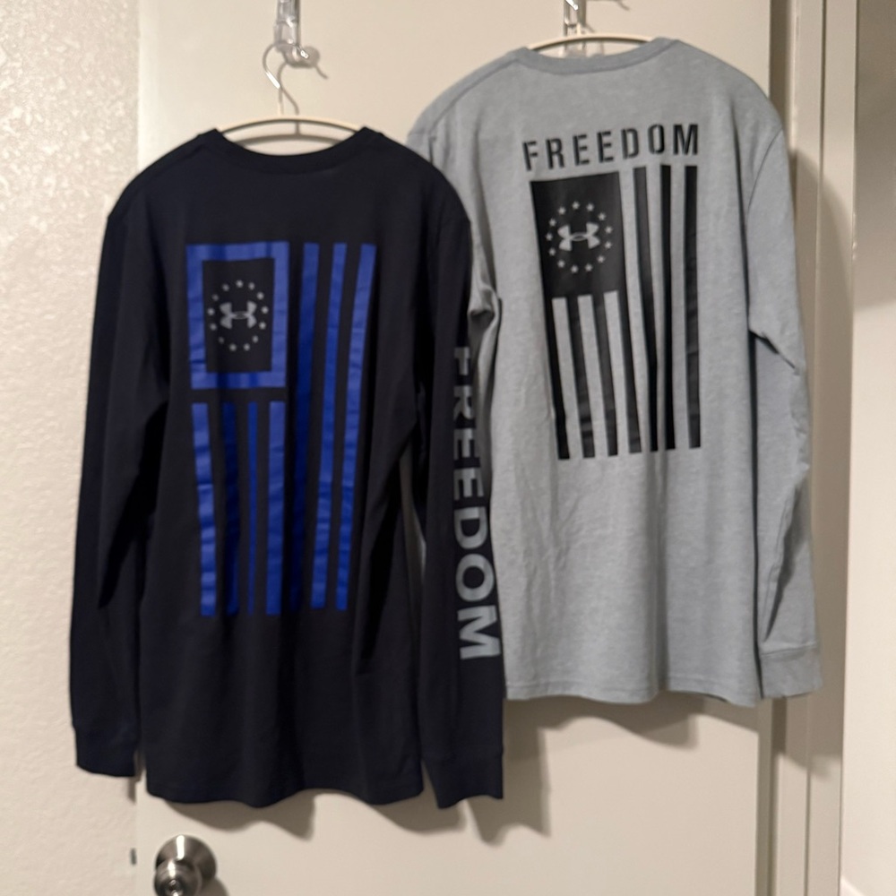 2 EUC Under Armour HeatGear® freedom Long Sleeve Tees - navy & heather Gray